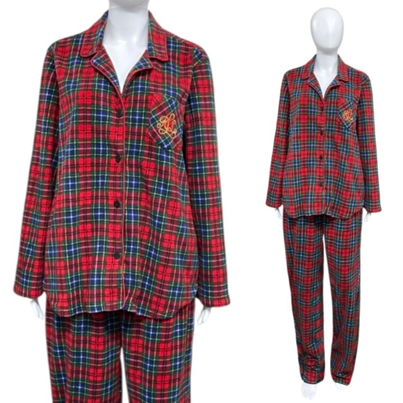 Lauren Ralph Lauren Long Sleeve Notch Collar Red Plaid Fleece Pajama Set Size L - Picture 2 of 8